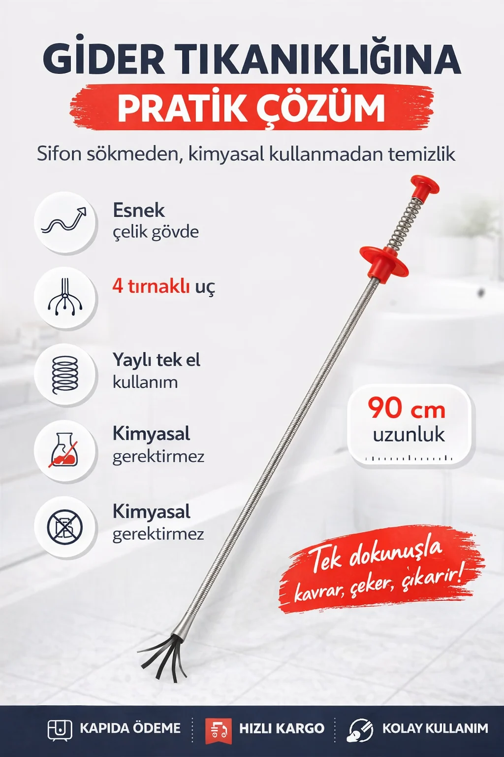 Yaylı gider temizleme çubuğu ile tıkanıklığa pratik çözüm — 90 cm esnek paslanmaz çelik gider temizleme teli, kırmızı yaylı tutamak