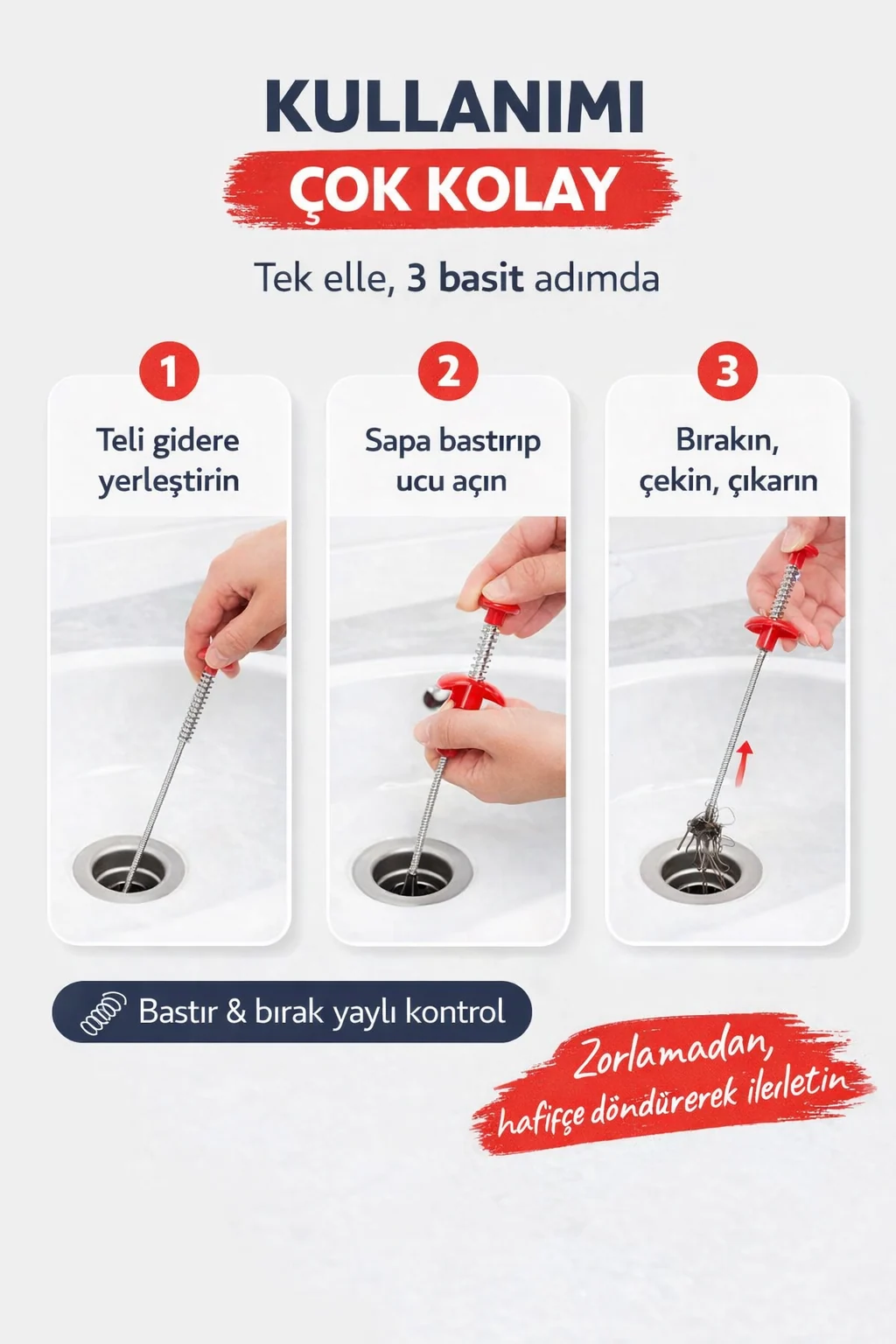 Gider temizleme teli nasıl kullanılır: 3 kolay adım — Teli yerleştir, sapa bastır, çekerek birikintiyi çıkar