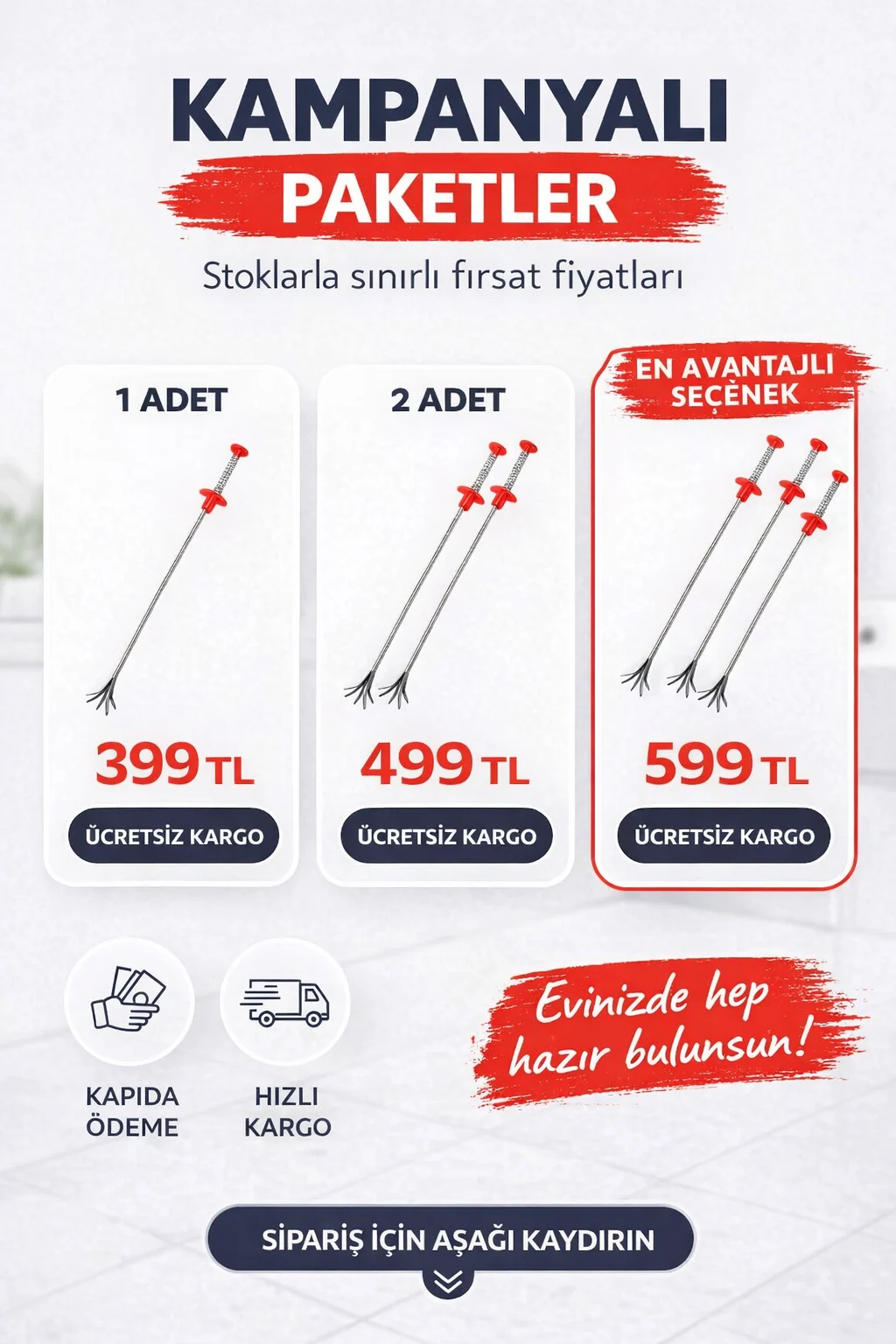 Yaylı gider temizleme çubuğu fiyatı ve kampanyalı paketler — 1, 2 ve 3 adetlik kapıda ödemeli ücretsiz kargo paket seçenekleri