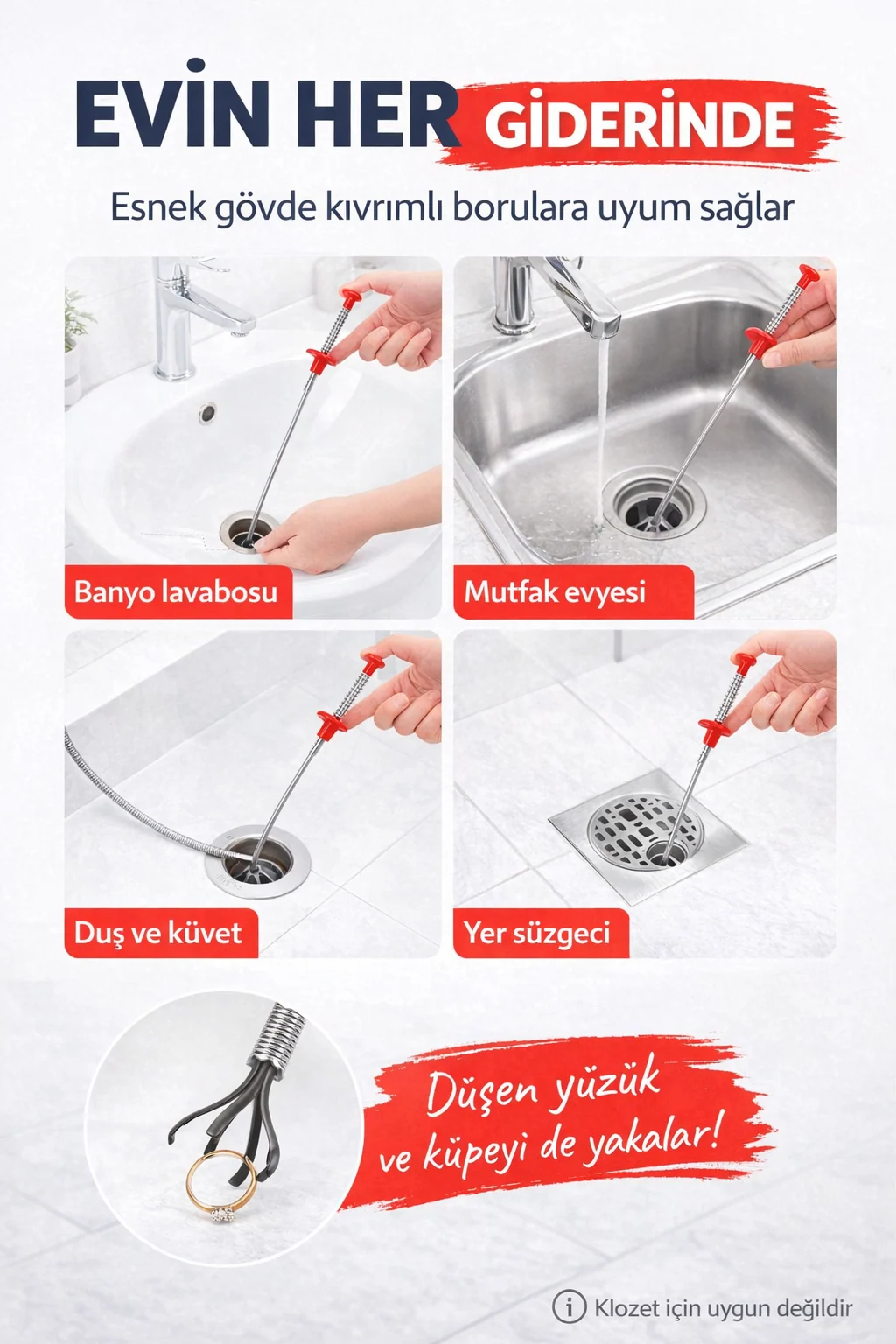 Lavabo, evye, duş, küvet ve yer süzgecinde kullanım — Evin tüm giderlerinde kullanılan esnek tıkanıklık açma aparatı