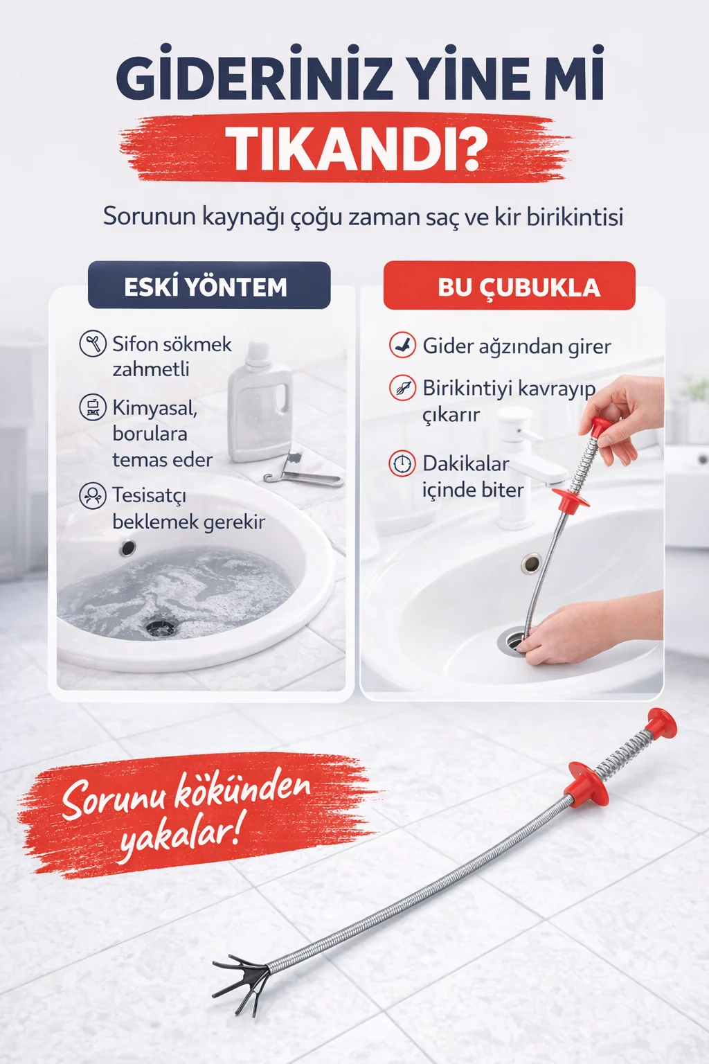 Tıkanan lavabo ve duş giderine tesisatçısız çözüm — Saç ve kir birikintisini kaynağından çeken gider açma teli